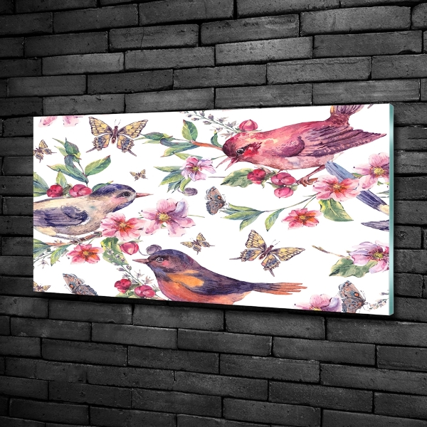 Glazen schilderij Vogels, vlinders, kersen