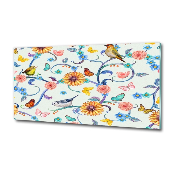 Schilderij op glas Bloemen en vogels