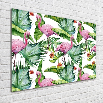Foto schilderij op glas Flamingo's planten