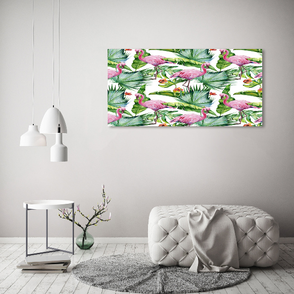 Foto schilderij op glas Flamingo's planten