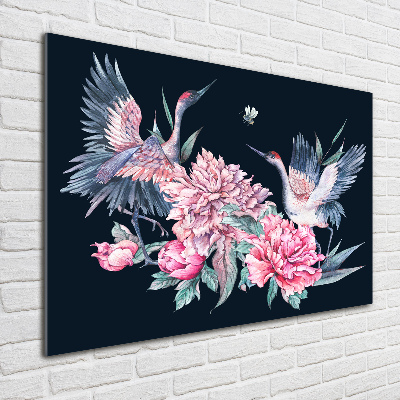 Schilderij glas Kraanvogels en pioenrozen