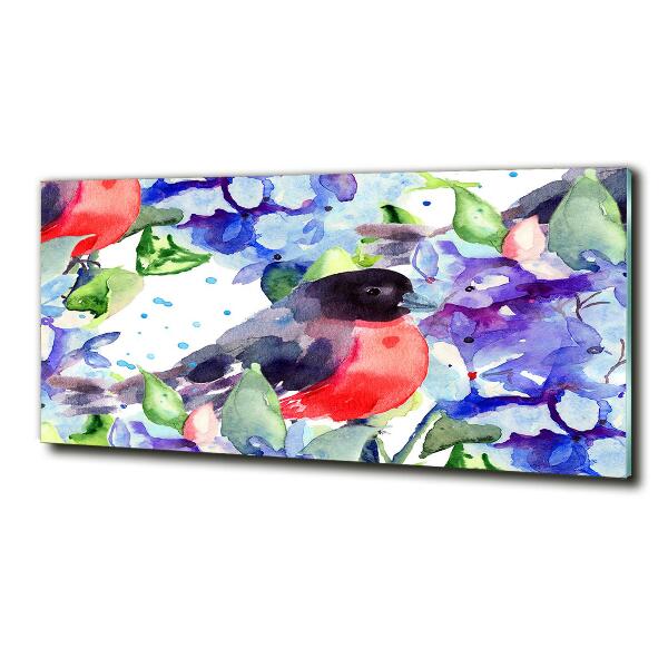 Schilderij glas Vogel en bloemen