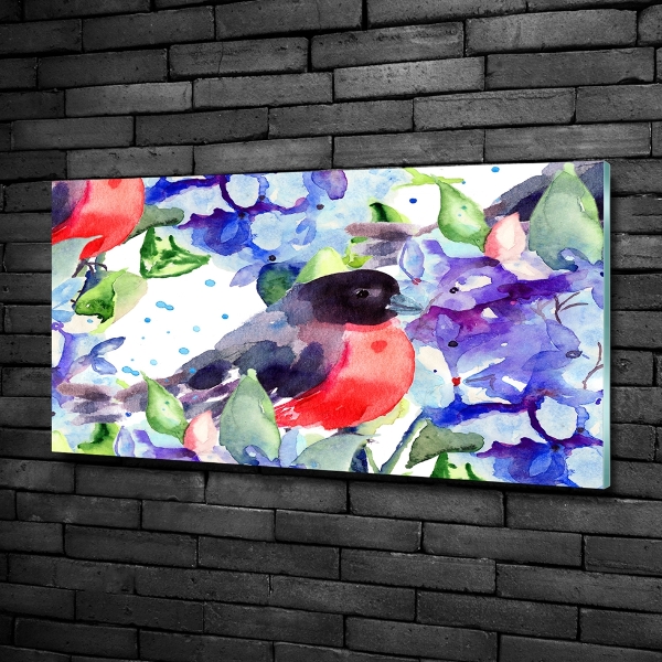 Schilderij glas Vogel en bloemen