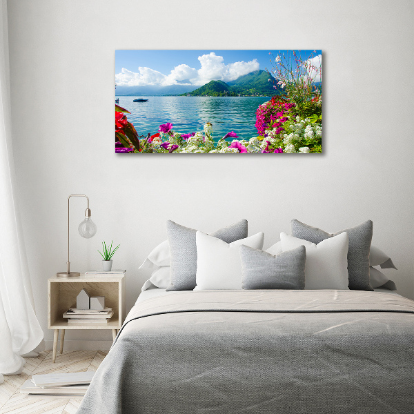 Schilderij glas Bloemen bij het meer