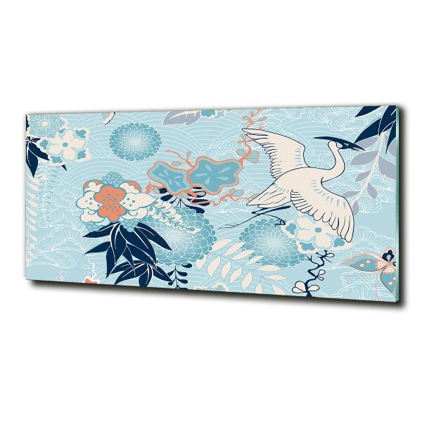 Schilderij op glas Kraanvogel en bloemen