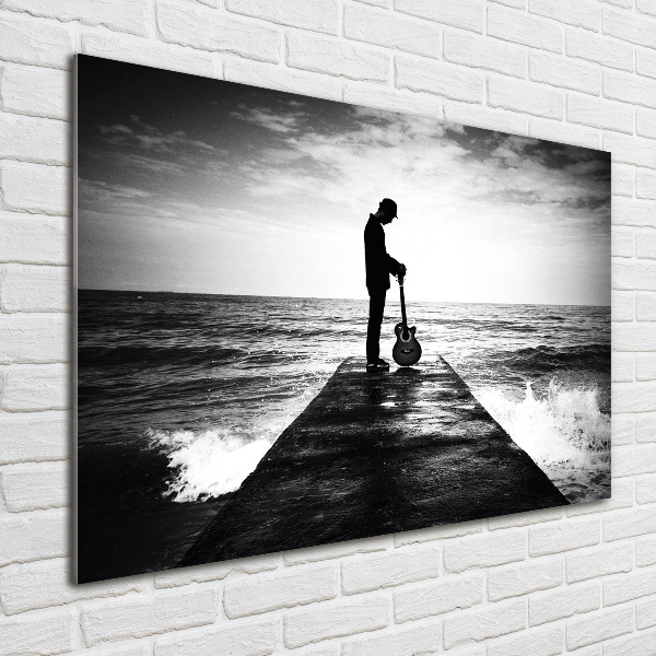 Schilderij glas Gitarist op de pier
