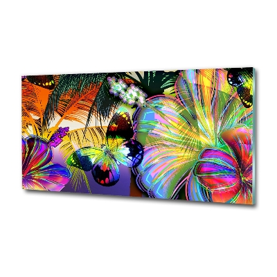 Glazen schilderij Bloemen en een vlinder