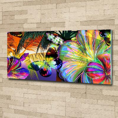 Glazen schilderij Bloemen en een vlinder