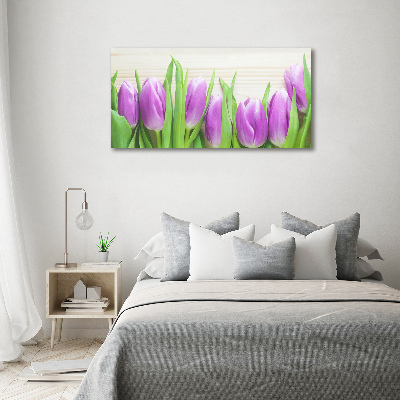 Schilderij glas Paarse tulpen