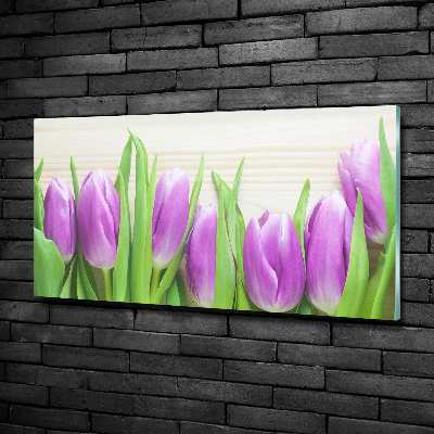Schilderij glas Paarse tulpen
