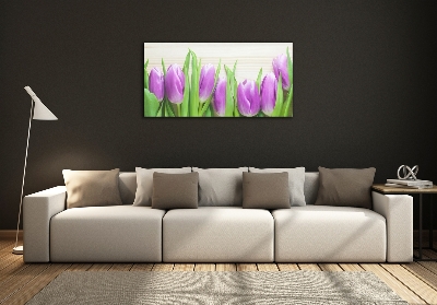 Schilderij glas Paarse tulpen