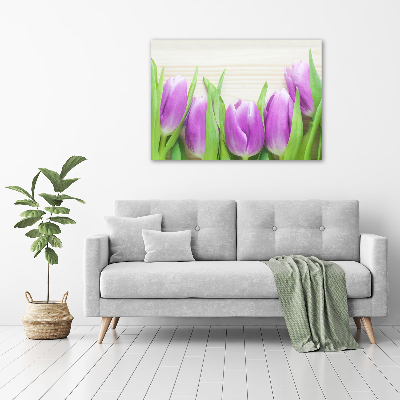 Schilderij glas Paarse tulpen