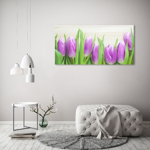 Schilderij glas Paarse tulpen