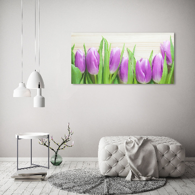 Schilderij glas Paarse tulpen