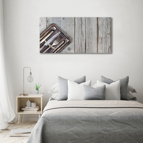 Foto schilderij op glas Bestek op planken