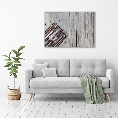 Foto schilderij op glas Bestek op planken