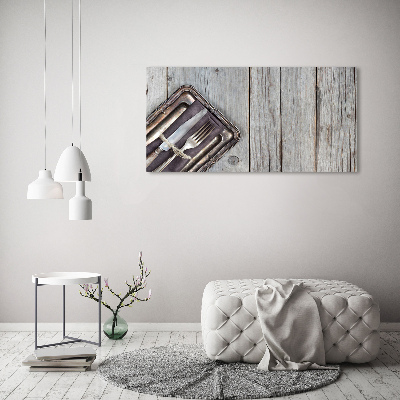 Foto schilderij op glas Bestek op planken