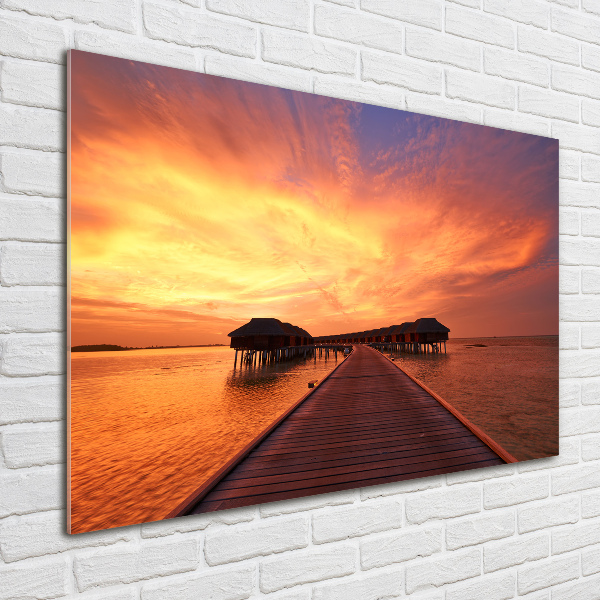 Schilderij glas Bungalows op de Malediven