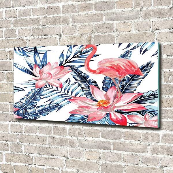 Foto schilderij op glas Flamingo's en planten