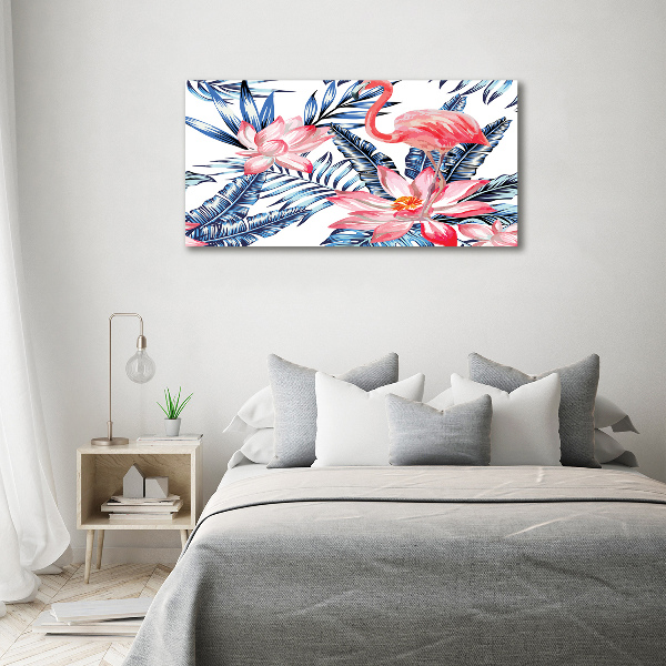 Foto schilderij op glas Flamingo's en planten