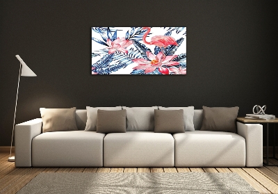 Foto schilderij op glas Flamingo's en planten