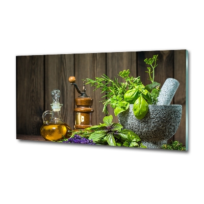 Schilderij glas Kruiden in een vijzel