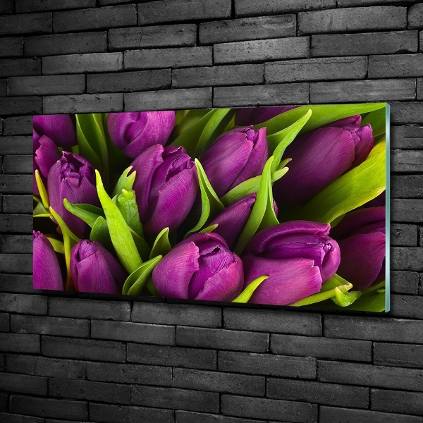 Schilderij glas Paarse tulpen