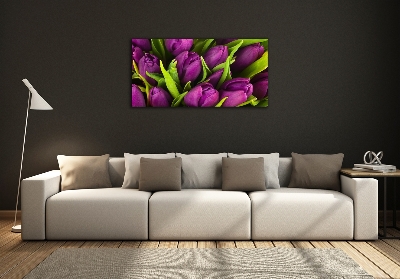 Schilderij glas Paarse tulpen