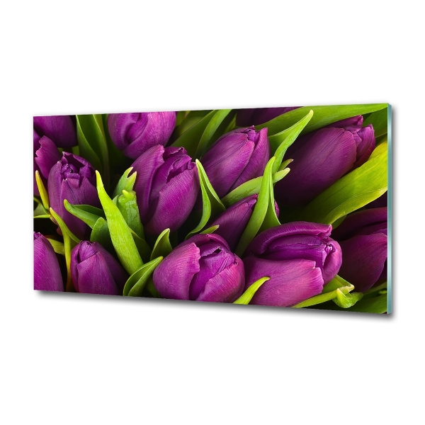 Schilderij glas Paarse tulpen