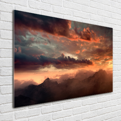 Glazen schilderij Zonsondergang boven de bergen