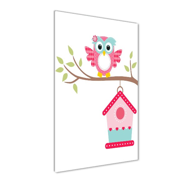 Verticale glasfoto Uil op een tak