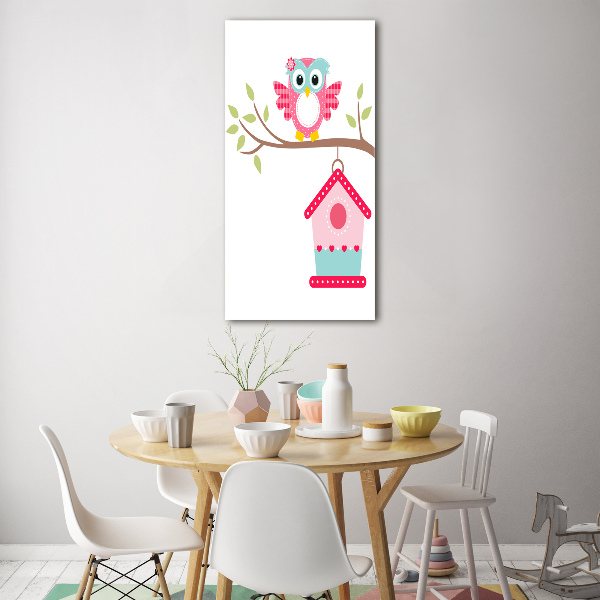 Verticale glasfoto Uil op een tak