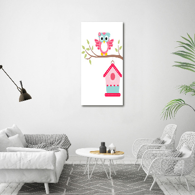 Verticale glasfoto Uil op een tak