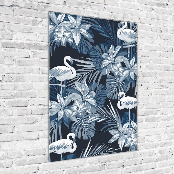 Verticaal glasschilderij Bloemen en flamingo's