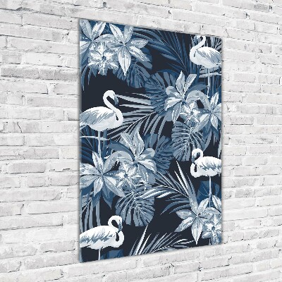 Verticaal glasschilderij Bloemen en flamingo's