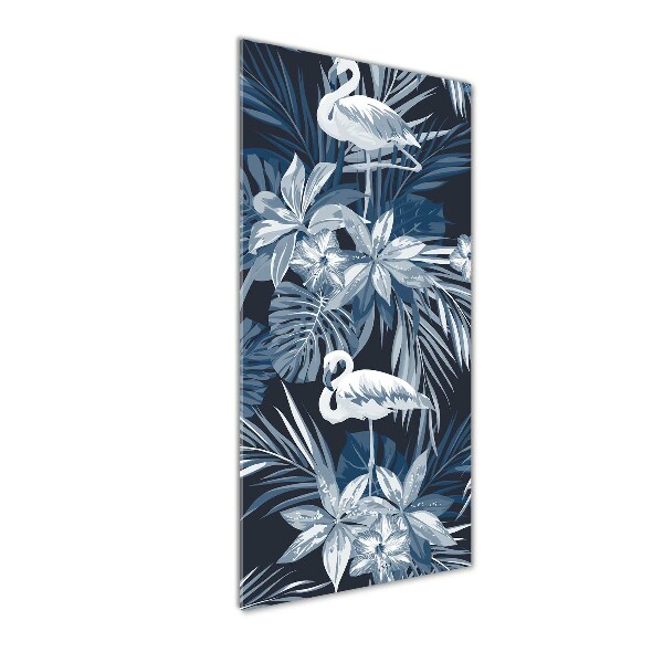 Verticaal glasschilderij Bloemen en flamingo's