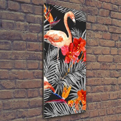Verticale glasfoto Flamingo's en bloemen