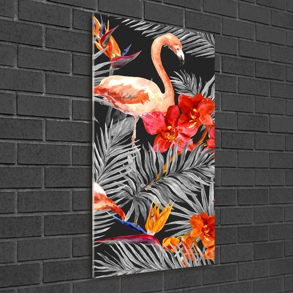 Verticale glasfoto Flamingo's en bloemen
