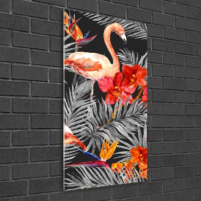 Verticale glasfoto Flamingo's en bloemen