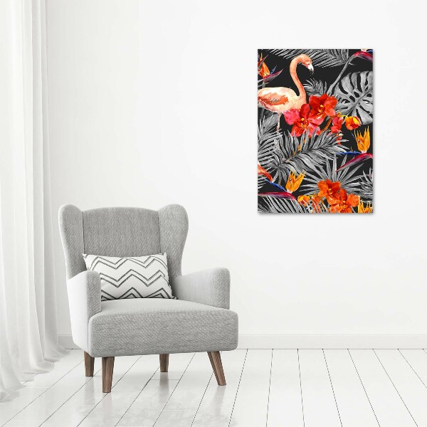Verticale glasfoto Flamingo's en bloemen