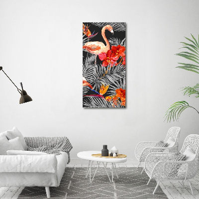 Verticale glasfoto Flamingo's en bloemen