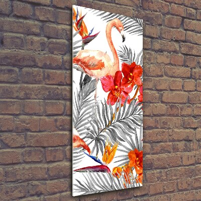 Verticale foto op glas Flamingo's en bloemen
