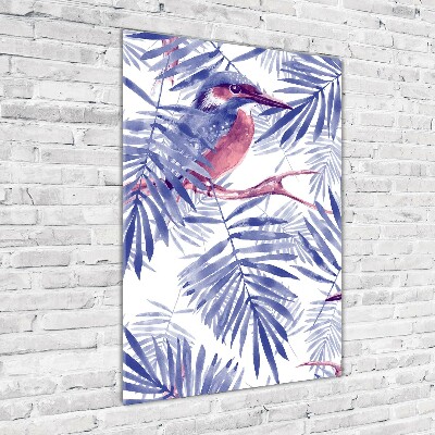 Verticale glasfoto Palmbladeren en een vogel