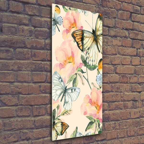 Verticale glasfoto Rozen en vlinders