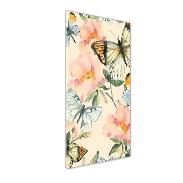 Verticale glasfoto Rozen en vlinders