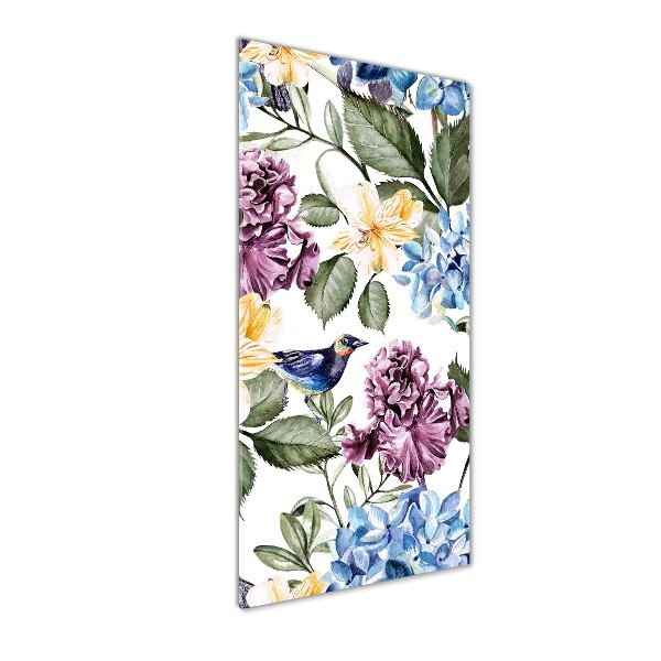 Verticale glasfoto Bloemen en vogels