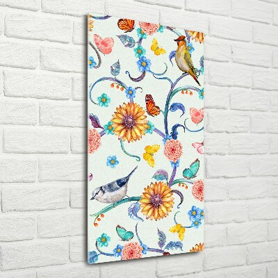 Verticaal glasschilderij Vogels, vlinders, bloemen