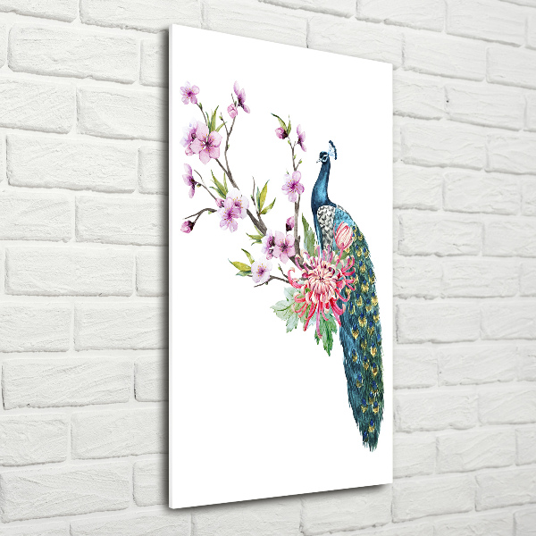 Verticale glasfoto Pauw en bloemen