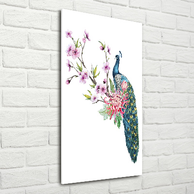 Verticale glasfoto Pauw en bloemen