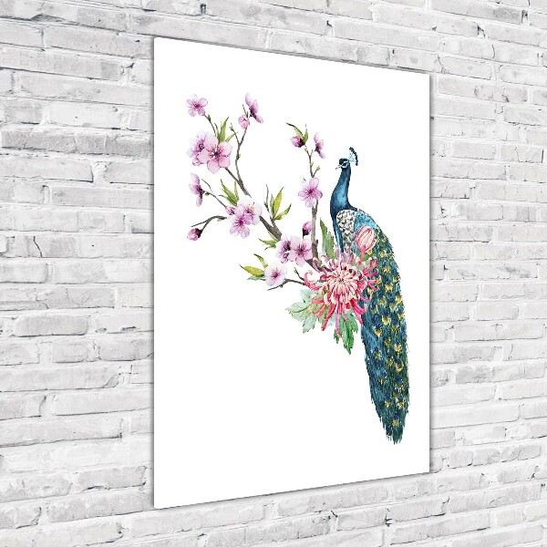 Verticale glasfoto Pauw en bloemen
